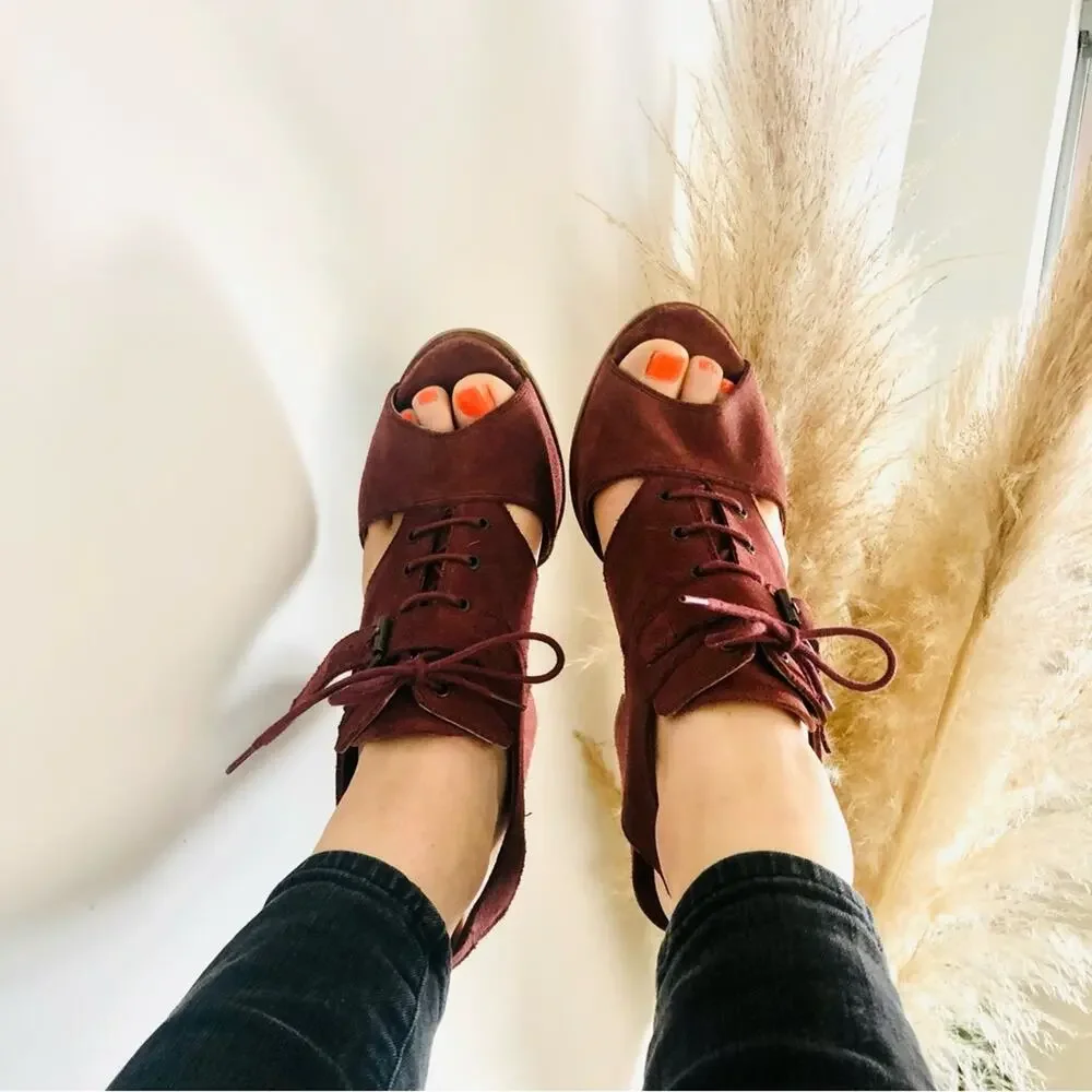ANTHROPOLOGIE SCHULER SONS Maroon Burgundy Sling Back Lace Block Heels Sandals - Picture 9 of 12